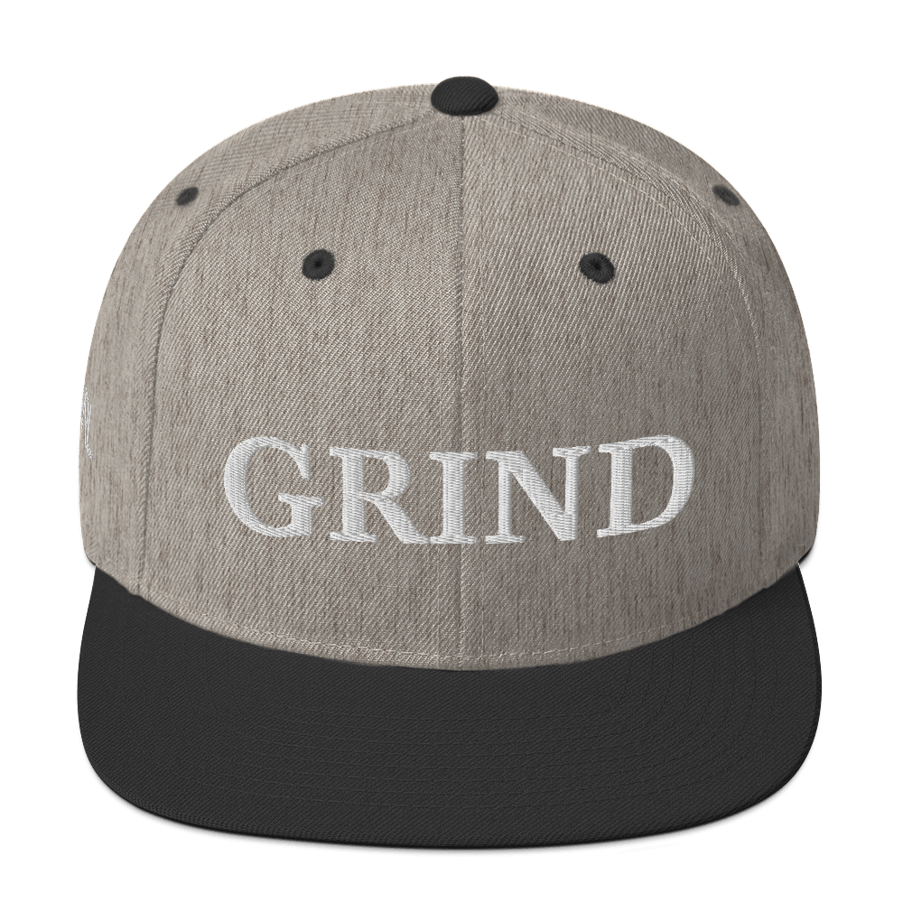 heather "grind" snapback hat with white letters  and black brim