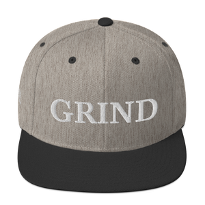 heather "grind" snapback hat with white letters  and black brim