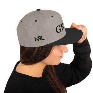 heather "grind" snapback hat with black letters and black brim