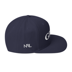 Navy blue "grind" snapback hat with white letters