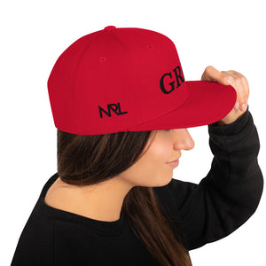 red "grind" snapback hat with black letters