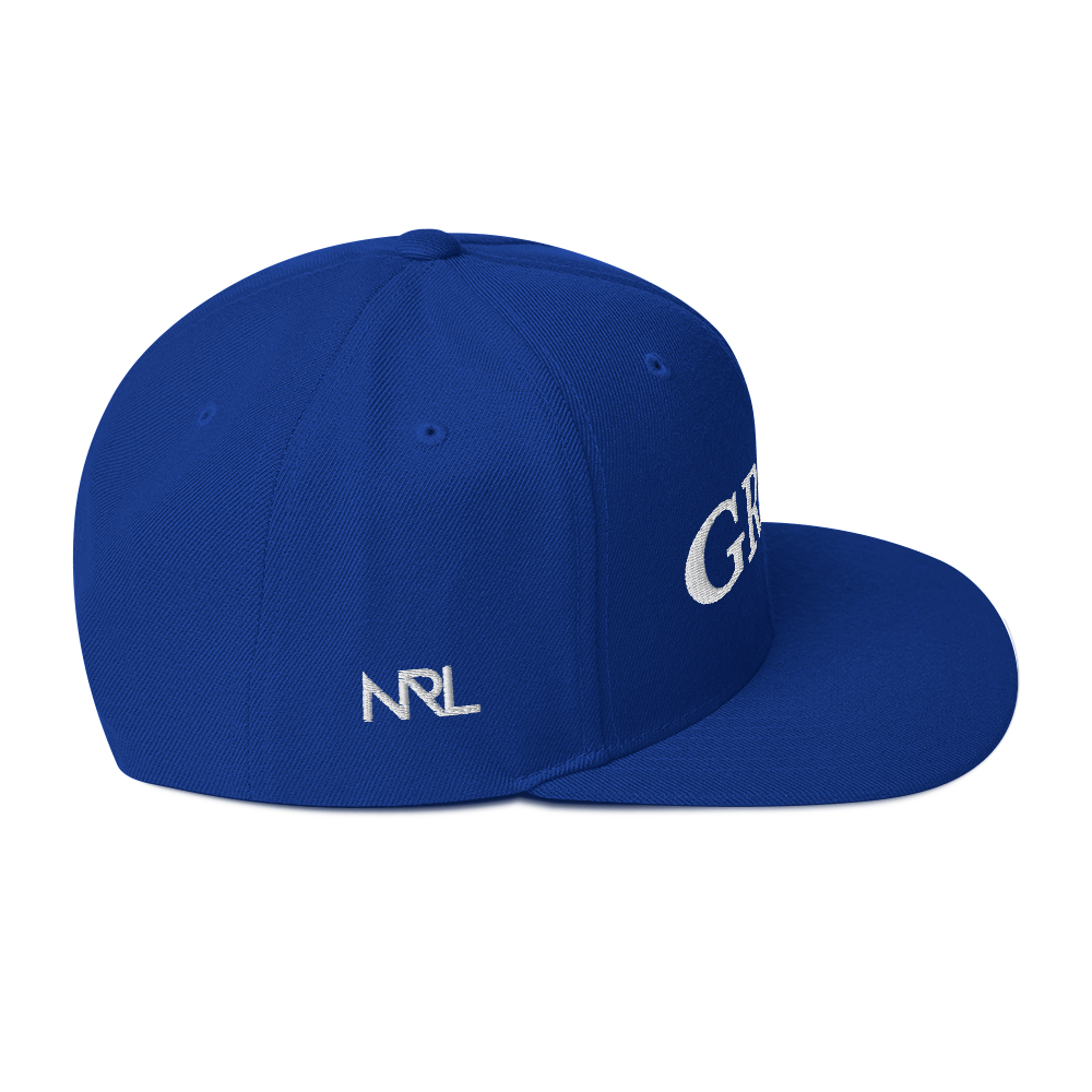 royal blue "grind" snapback hat with white letters