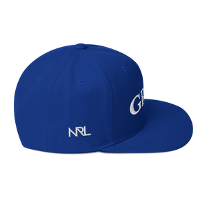 royal blue "grind" snapback hat with white letters